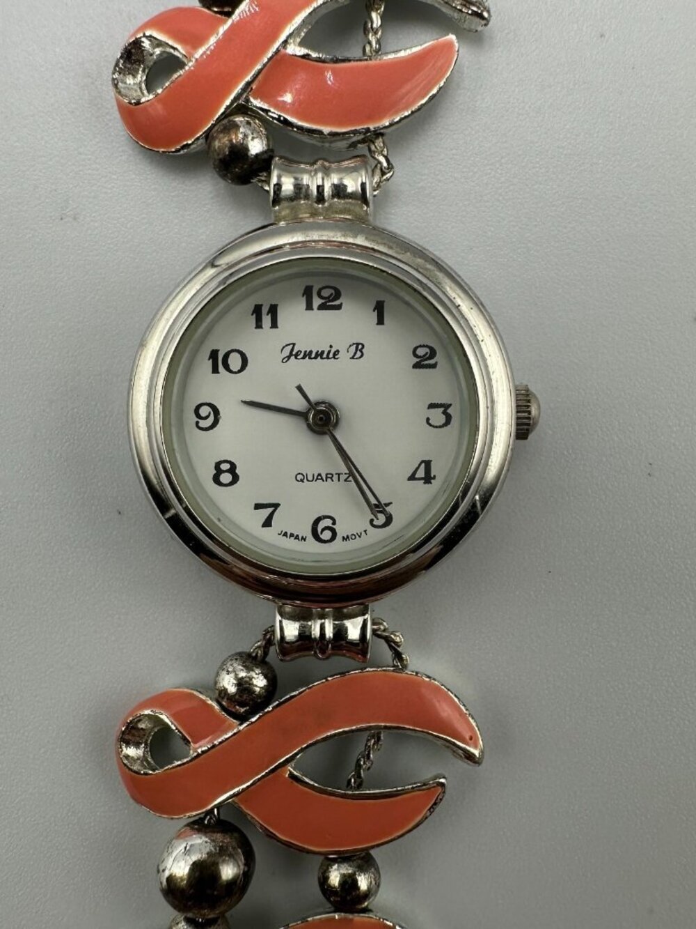 Vintage Jennie B Watch Breast Cancer Awareness Ribbon Band Silver Pink Works